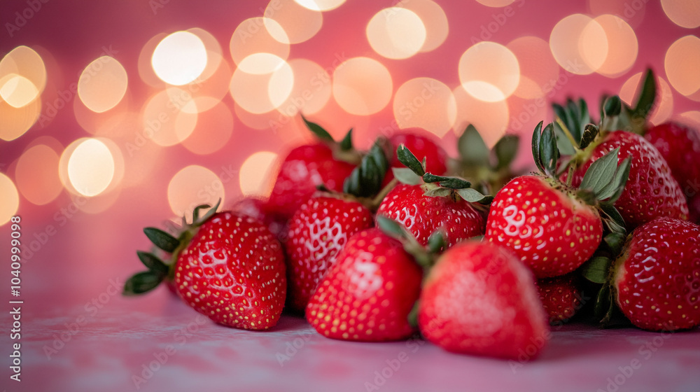 Poster fresh strawberries on a colorful background with soft lighting creating a festive atmosphere