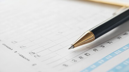 Blue pen on document with check mark, concept of approval and completion blue