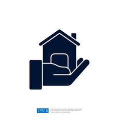 The image depicts a simplified graphic of a house being held in a hand, symbolizing care, support, or real estate services.