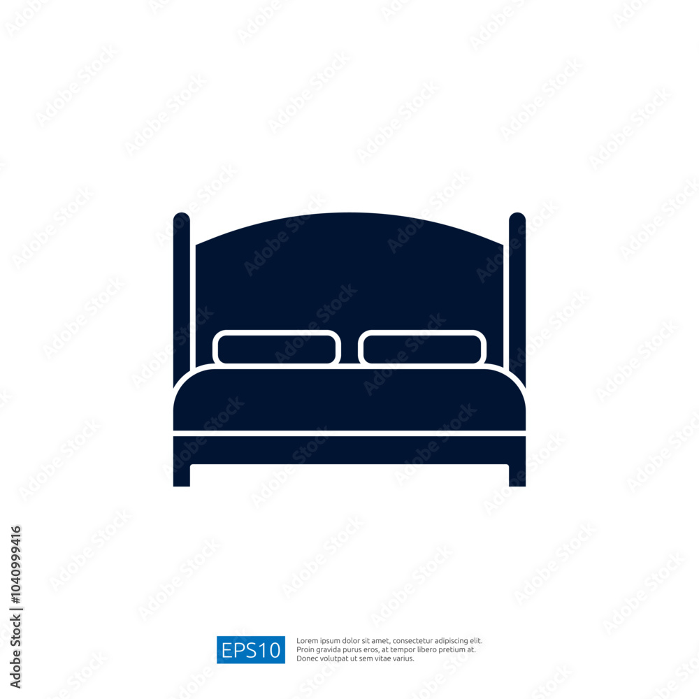 Poster a simple icon of a bed, designed in dark color, featuring two pillows, representing comfort and rest