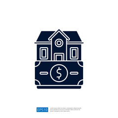 The image depicts a stylized house resting on a stack of money, symbolizing real estate investment or home financing.