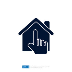 The image depicts a simple graphic of a house with a hand pointing towards it, symbolizing interaction or selection related to home or real estate.