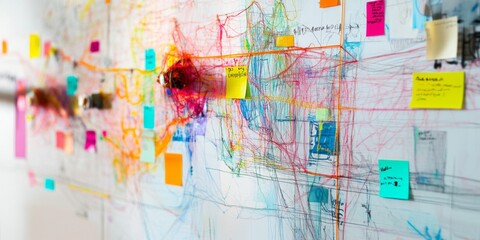 Fototapeta premium Vibrant sticky notes cluster around an innovative string map.