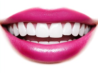 Fototapeta premium A close-up shot of a woman's mouth, showcasing bright pink lips with glossy finish and a wide, toothy smile revealing perfectly white teeth.