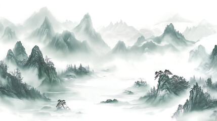 Chinese painting, depicting green mountains and clear waters, with mountains and trees in the distance shrouded in mist