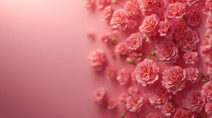 Fototapeta premium Soft pink carnations spread across a pastel background in a delicate floral arrangement