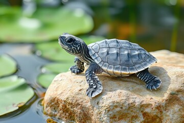 Obraz premium Colorful turtle basking on rock by serene lily pond