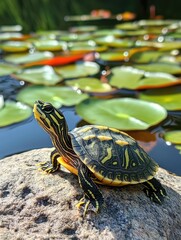 Obraz premium Colorful turtle basking on rock by serene lily pond