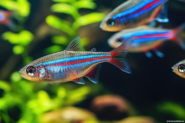 School of neon tetra fish swimming in aquarium