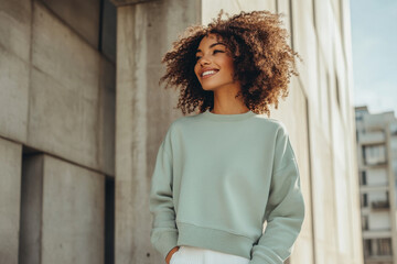 Black afro american woman wearing a light green mockup oversized crewneck blank sweatshirt in front of a concrete wall in the street