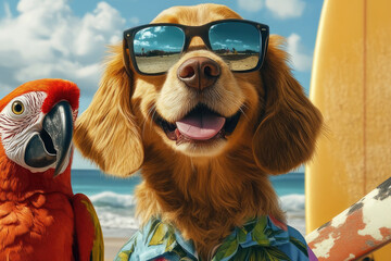 Dog and Parrot at Beach