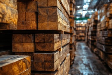 Large modern warehouse storing stacks of lumber for construction