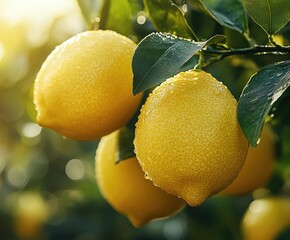 Ripe yellow lemons hanging from a tree branch