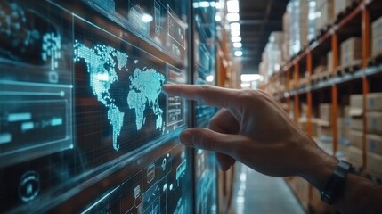 Business person point and manage online e-commerce business automation logistic supply chain in online dashboard. Global worldwide logistic management for online shopping with warehouse inventory.