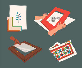 Framing paintings and embroideries. Frames, passe partout, canvas. Craftworker in framing workshop. Embroidery stretching, painting. Interior design, decor. Vector illustration in flat style