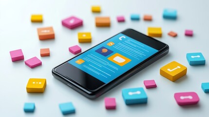 Smartphone with interactive feedback icons in bright, clean colors, overhead perspective, sleek and modern advertising layout