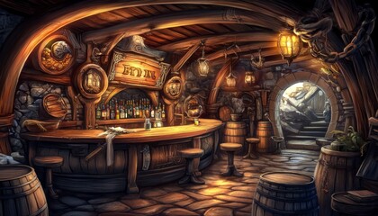 Vividly depicted ale barrels showcasing a hearty fantasy setting