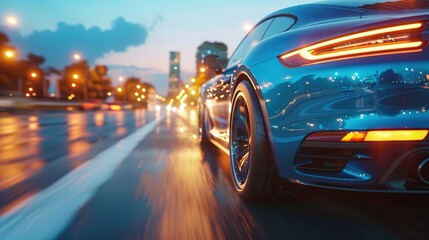 Fototapeta premium Blue Sports Car Speeding Through City at Night