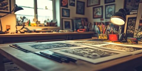 Detailed depiction of a graphic novel artist's desk setup