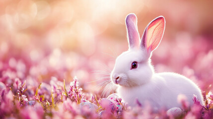 Cute white rabbit sitting among blooming flowers and Easter eggs during springtime afternoon