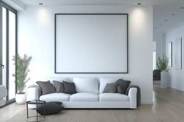 Mock up poster in Living room, Scandinavian decoration, 3d render, 3d illustration