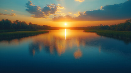 Fototapeta premium A serene sunset over a calm lake with a reflection of the sun in the water.