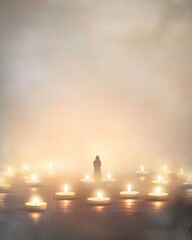Golden hour sky reflects on calm water, casting long shadows on the distant shore