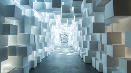 A modern corridor filled with illuminated white cubes creating a futuristic atmosphere.