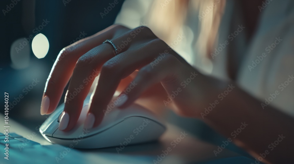 Poster closeup of a womans hand using a mouse, with a desktop computer and ample copy space, more clarity w