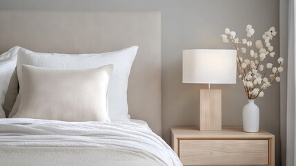 A warm ambiance created by the stylish lamp on the bedside table.