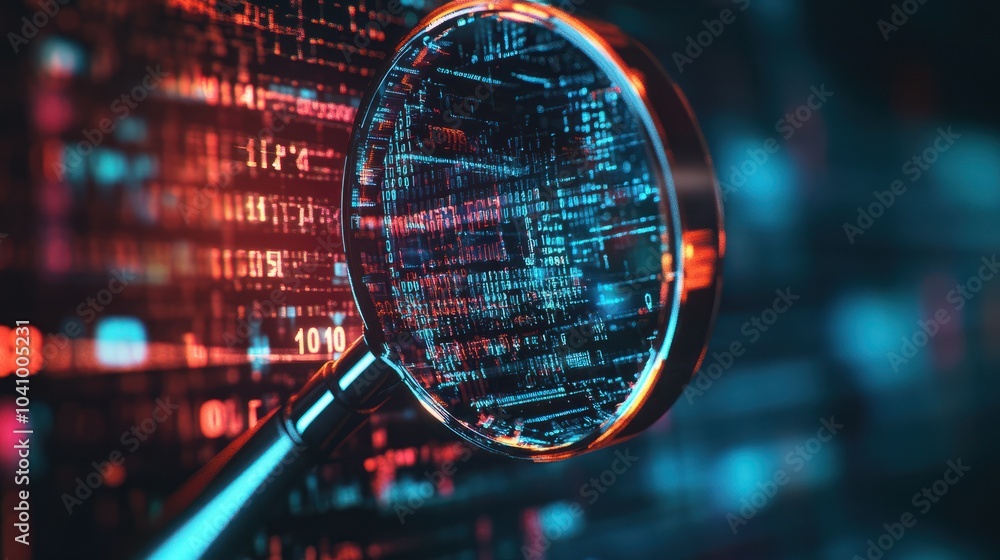 Poster data analysis concept with magnifying glass, digital data search, binary code investigation, informa