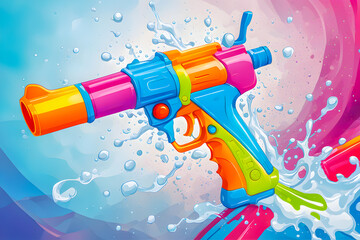 illustration of water gun and colour liquid splashing on the abstract background.
