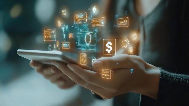 Digital Banking and Financial Technology Concept. A person presents digital banking and financial technology icons, and currency symbols, emphasizing modern online payment systems and e-commerce. - Powered by Adobe