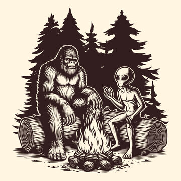 Bigfoot And Alien Camping In The Middle Of Nowhere In Engraving Style