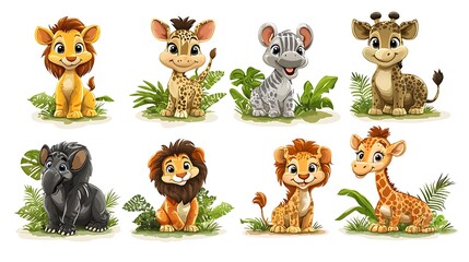 Fototapeta premium Adorable African Safari Animals: A charming collection of cartoon safari animals, including lions, giraffes, zebras, and an elephant, sitting amidst lush green foliage.