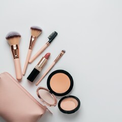 Makeup brushes, cosmetic tools, soft pink background, powder compact, beauty essentials, minimalist flatlay, pastel aesthetic, professional makeup kit, blush tones, silver brush handles, soft textures