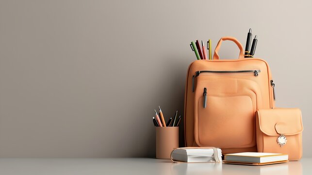 Backpack filled with colorful notebooks and pens, 3D illustration