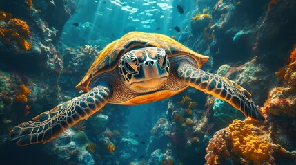 Obraz premium A sea turtle gliding through a vibrant coral reef underwater.