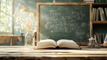 Classroom chalkboard with equations and open book, 3D illustration