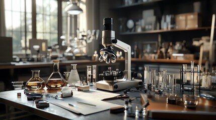 Microscopes and science equipment on a lab table, 3D illustration
