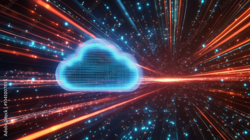 Aufkleber visualization of fast data exchange with cloud imagery.