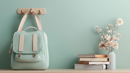 Student backpack hanging on a hook with school books below, ready for class, 3D illustration