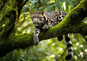 Clouded Leopard Resting on a Moss-Covered Branch in the Lush Rainforest of Southeast Asia.