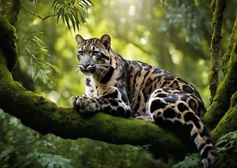 Clouded Leopard Resting on a Moss-Covered Branch in the Lush Rainforest of Southeast Asia.