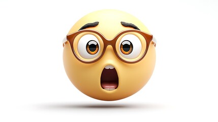 Shocked Emoji with Glasses: 3D Render of a surprised emoticon wearing spectacles, expressing astonishment and wonder. Perfect for conveying unexpected news or reactions. 