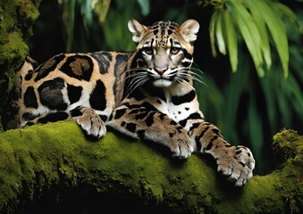 Clouded Leopard Resting on a Moss-Covered Branch in the Lush Rainforest of Southeast Asia.