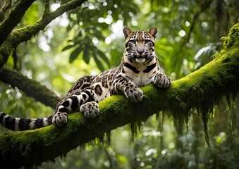 Clouded Leopard Resting on a Moss-Covered Branch in the Lush Rainforest of Southeast Asia.