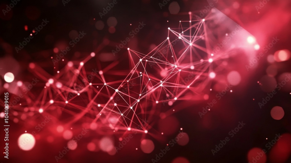 Poster abstract representation of a red polygonal technology network.