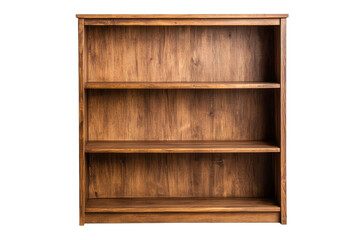 Wooden bookshelf with four shelves, isolated on white background.