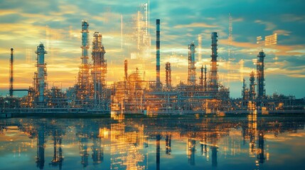 Obraz premium Double exposure art showcasing oil, gas, and petrochemical refinery concepts.
